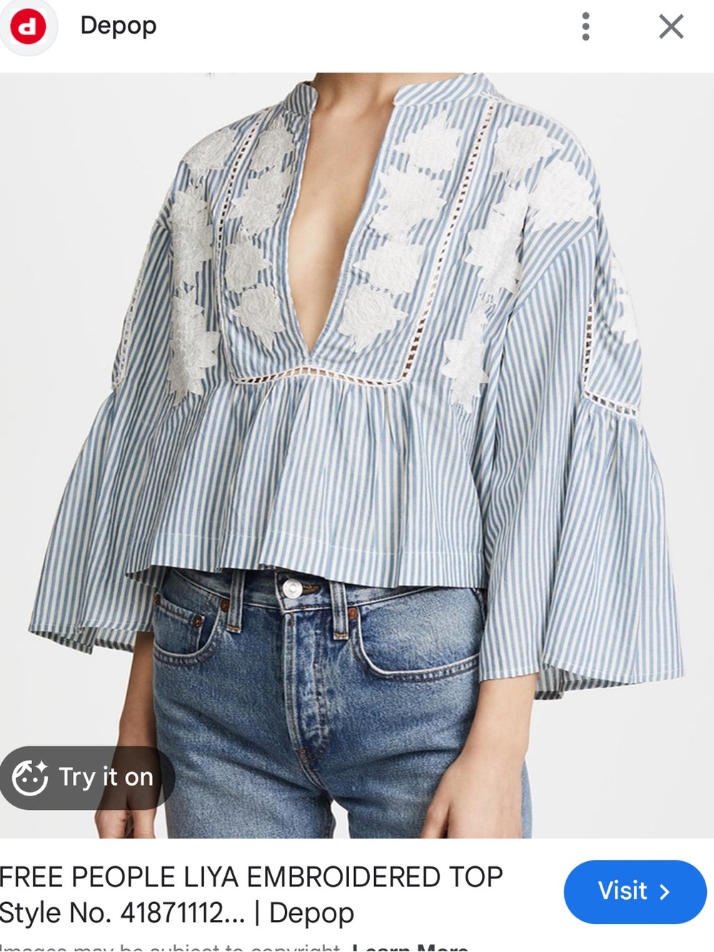 Free People Blue & White Embroidered Peasant Top